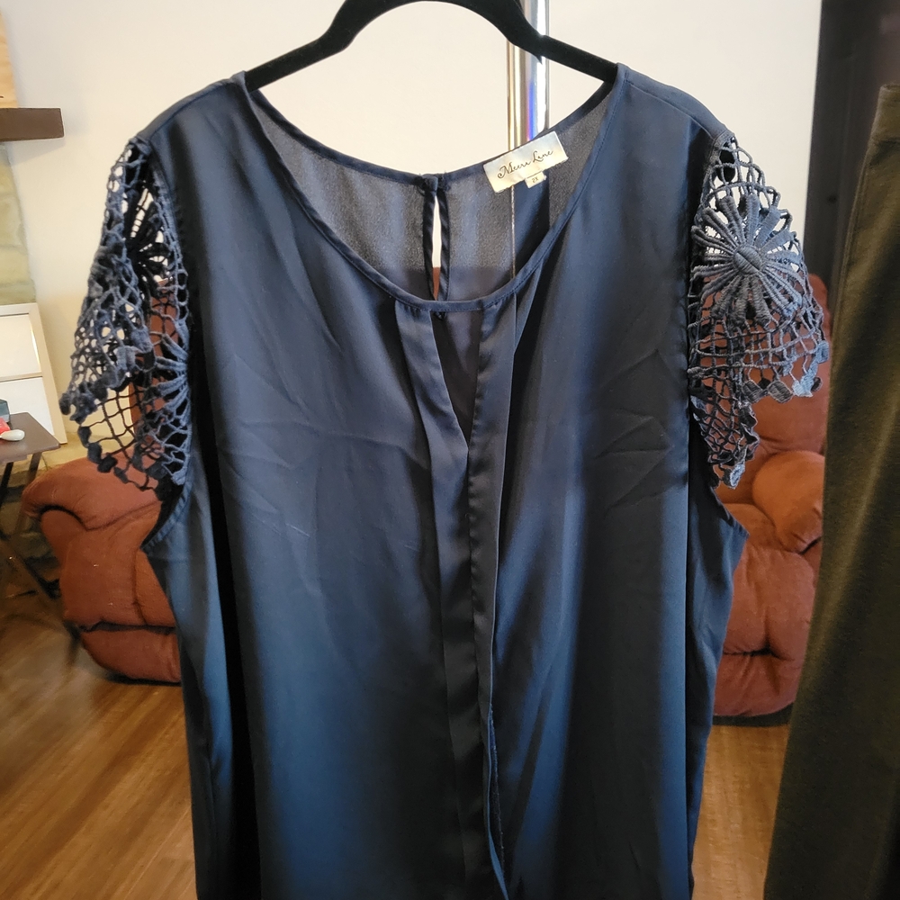 Elegant Navy Blouse with Crochet Sleeves